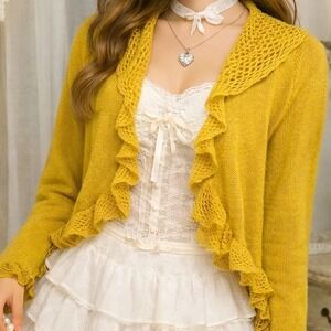 DonnaDiosa Mustard Yellow Ruffle Lace Open Cardigan Coquette Cottagecore S/M